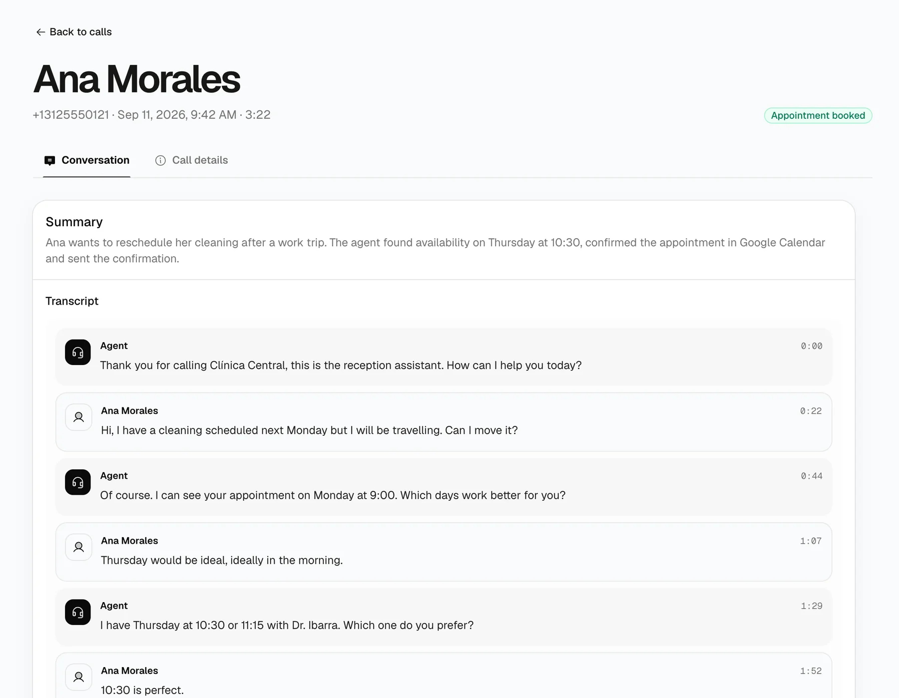 Call record for Ana Morales with the summary and the full transcript of the conversation