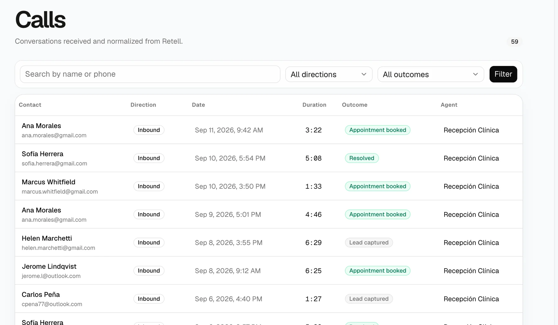 Calls list with contact, direction, date, duration, outcome and agent for each conversation