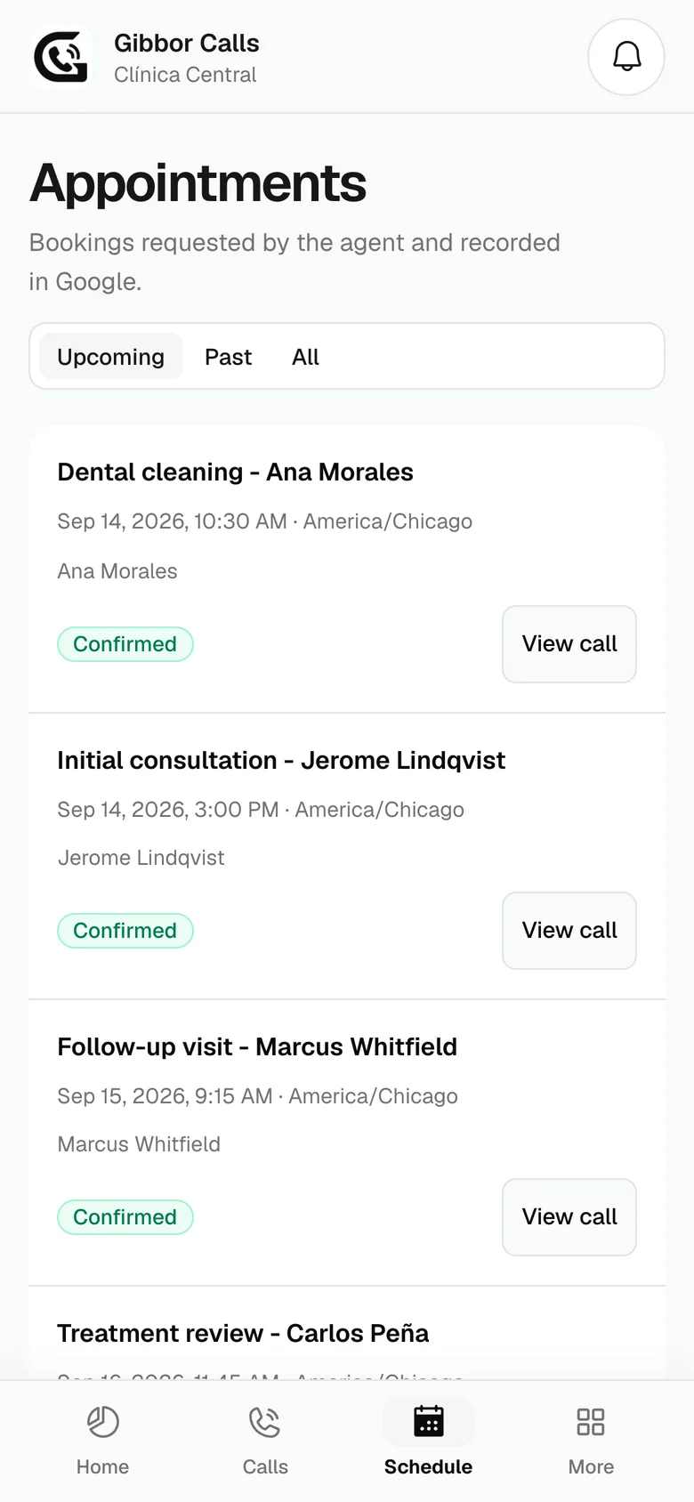 Upcoming appointments on a phone, each confirmed and linked to its call